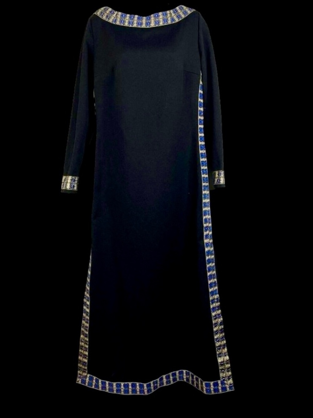 R & K - 70's Black Maxi Column Dress w/ Gold-Blue Detail - Size M